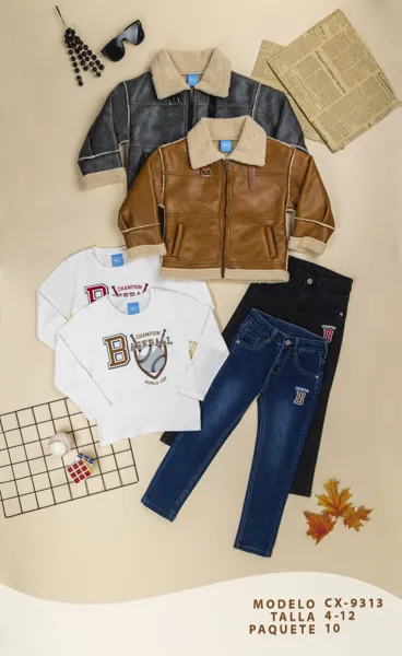 Conjunto de 3 piezas con chamarra aviador de borrega, playera y jeans estampado Baseball Champion para niño