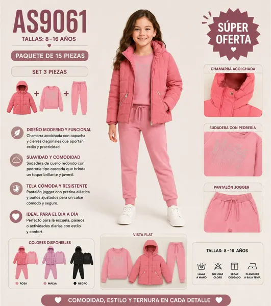 Conjunto de 3 piezas con chamarra acolchada con capucha, sudadera con pedrería y pantalón jogger para niña