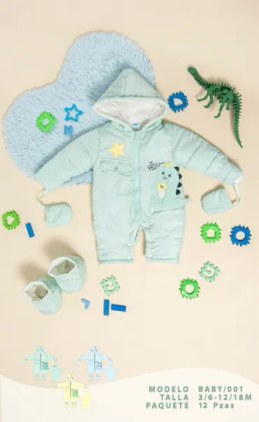 Mameluco acolchado con capucha, mitones y botitas con estampado de dinosaurio para niño