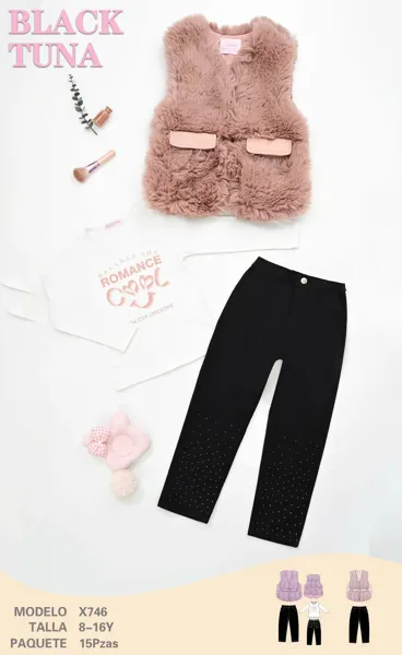 Conjunto de 3 piezas con chaleco de peluche, playera manga larga y pantalón con pedrería para niña