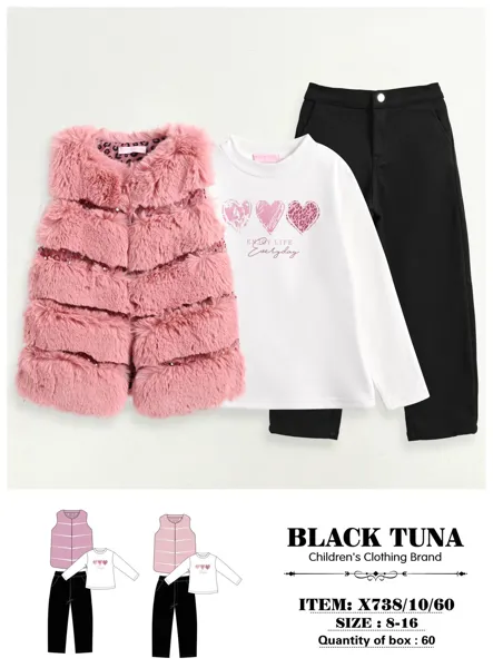 Conjunto de 3 piezas con chaleco de peluche, playera de corazones y pantalón para niña