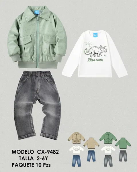 Conjunto de 3 piezas con chamarra de piel sintética con estampado de dinosaurio, playera y jeans para niño