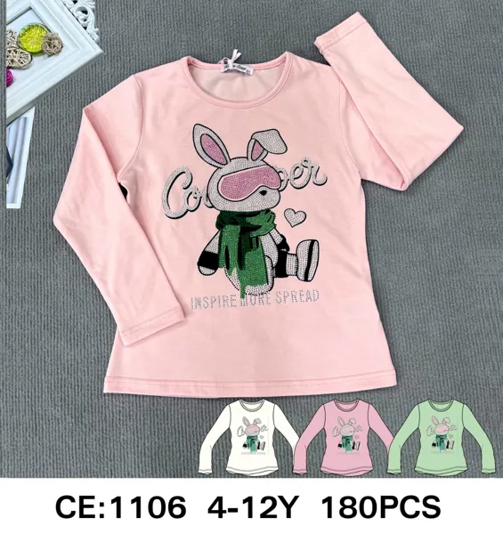 Blusa manga larga con estampado de conejo y pedrería para niña