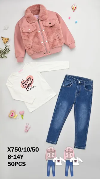 Conjunto de 3 piezas con chaqueta de peluche, playera y jeans para niña
