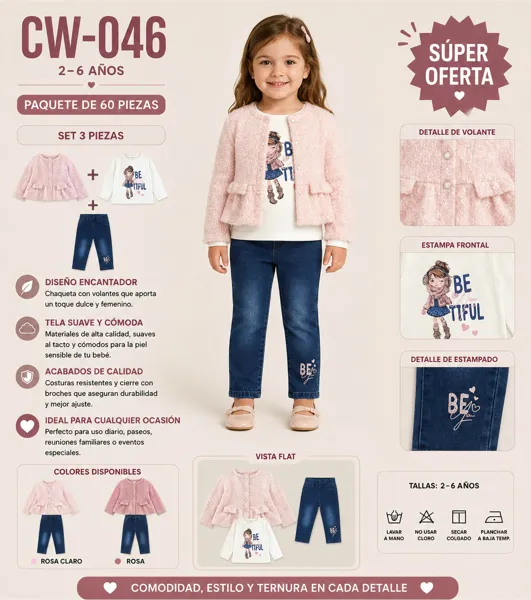 Conjunto de 3 piezas con chaqueta de volantes, playera y jeans con estampado para niña