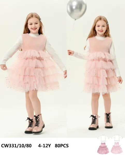 Conjunto de 2 piezas con playera manga larga y vestido de tul en capas con top de peluche para niña