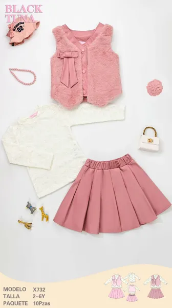 Conjunto de 3 piezas con chaleco de peluche, blusa de encaje y falda para niña