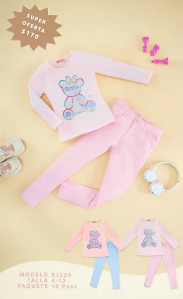 Conjunto de 2 piezas con playera manga larga de osito y pantalón para niña