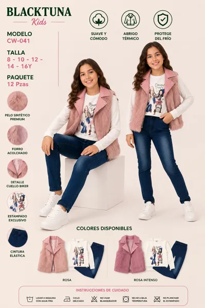 Conjunto de 3 piezas con chaleco de pelo sintético, playera manga larga y jeans para niña