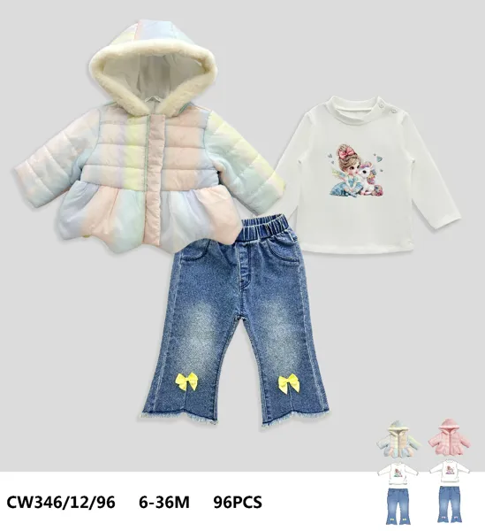 Conjunto de 3 piezas con chamarra acolchada con capucha, playera de unicornio y jeans acampanados con moños para niña