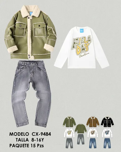 Conjunto de 3 piezas con chamarra de piel sintética con borrego, playera y jeans para niño