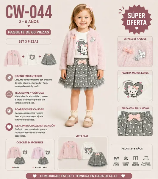 Conjunto de 3 piezas con chaqueta de peluche, playera manga larga y falda de tul con moño y estampado de osito para niña