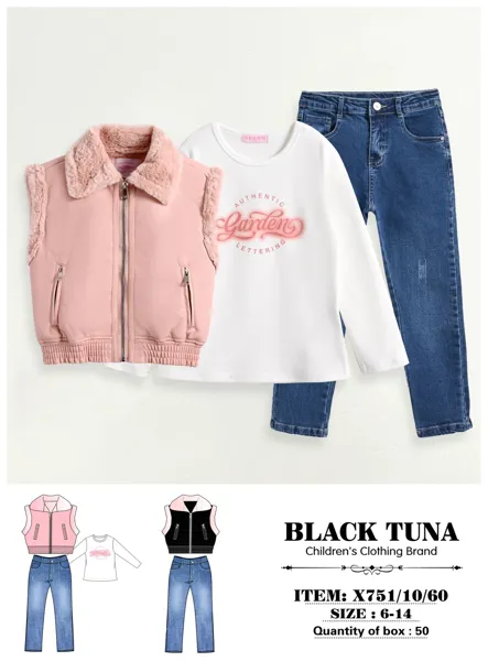 Conjunto de 3 piezas con chaleco de piel sintética con cuello de peluche, blusa y jeans para niña