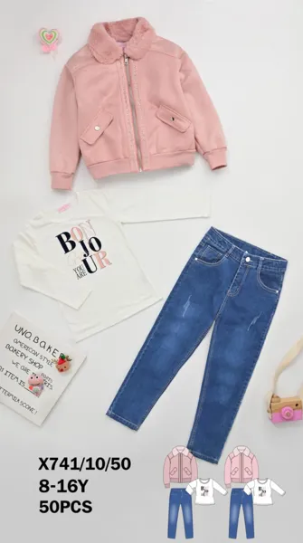 Conjunto de 3 piezas con chamarra con cuello de peluche, playera y jeans para niña