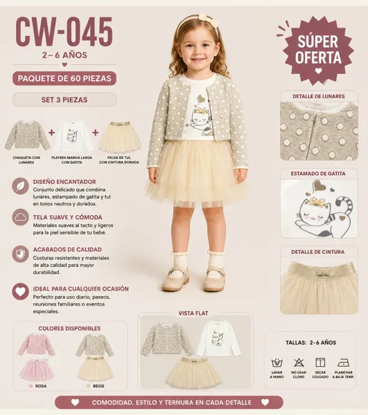 Conjunto de 3 piezas con chaqueta de lunares, playera de gatita y falda de tul con cintura dorada para niña