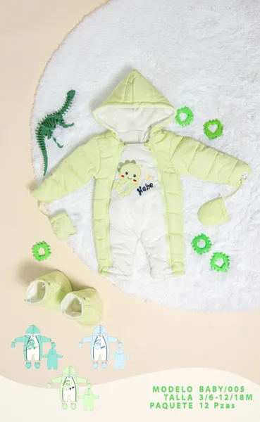 Mameluco acolchado con capucha con diseño de dinosaurio, botines y mitones para niño