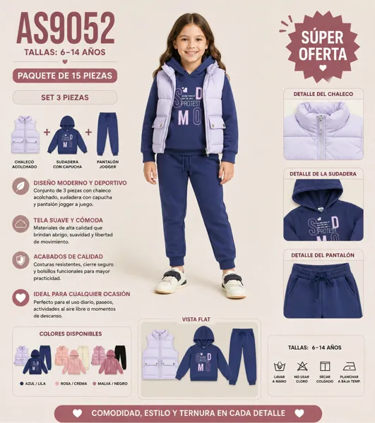 Conjunto de 3 piezas con chaleco acolchado, sudadera con capucha y pantalón jogger para niña