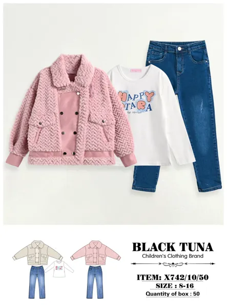 Conjunto de 3 piezas con chamarra de peluche, playera y jeans para niña