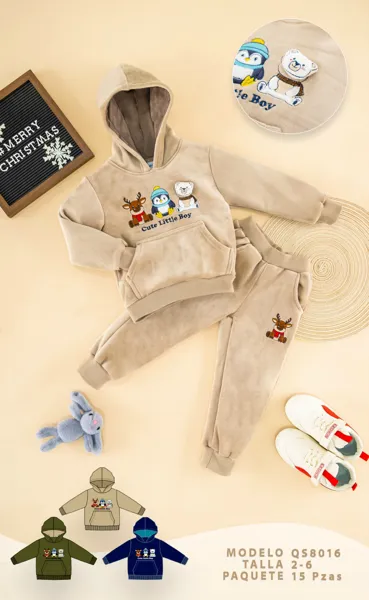 Conjunto de 2 piezas con sudadera con capucha y pantalón, forro de peluche y diseño navideño para niño