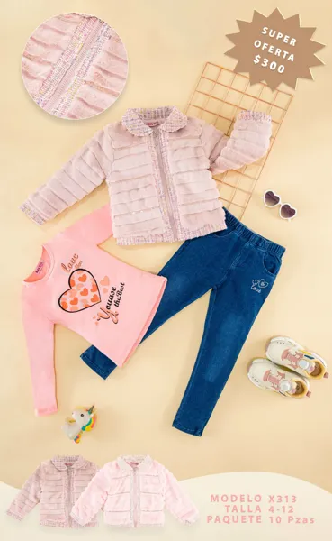 Conjunto de 3 piezas con chaqueta de peluche, blusa y jeans para niña