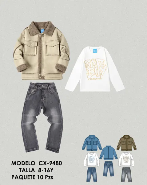 Conjunto de 3 piezas con chamarra de piel sintética con borrego, playera y jeans para niño