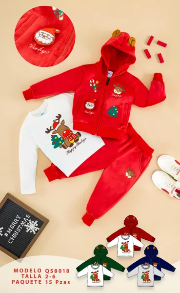 Conjunto navideño de 3 piezas de terciopelo con chamarra con capucha con orejas, playera y pantalón con estampado de reno para niño