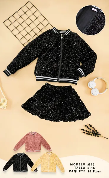 Conjunto de 2 piezas con chamarra bomber y falda de lentejuelas para niña