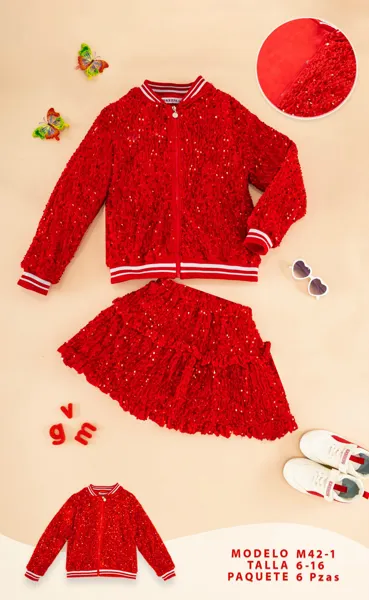Conjunto de 2 piezas con chamarra bomber y falda de lentejuelas en rojo para niña