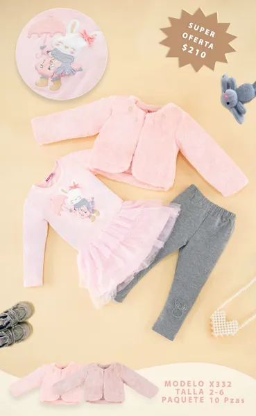 Conjunto de 3 piezas con abrigo de peluche, blusa con falda de tul y leggings con bordado de conejo para niña
