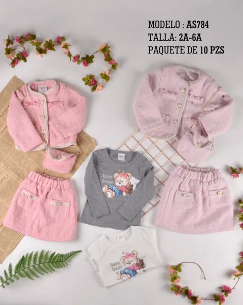 Conjunto de 3 piezas con saco tweed, falda y blusa con estampado de osito para niña