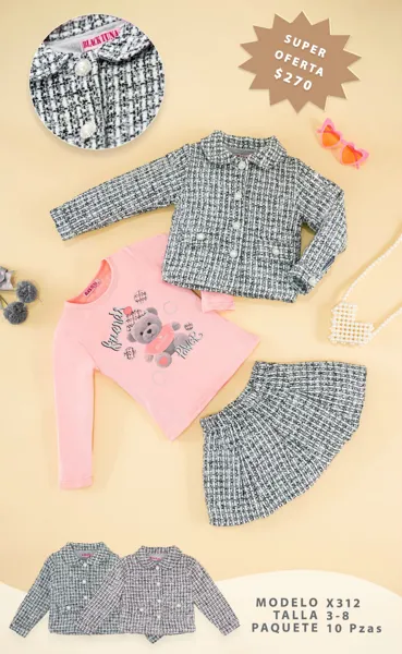 Conjunto de 3 piezas de tweed con chamarra, playera y falda para niña