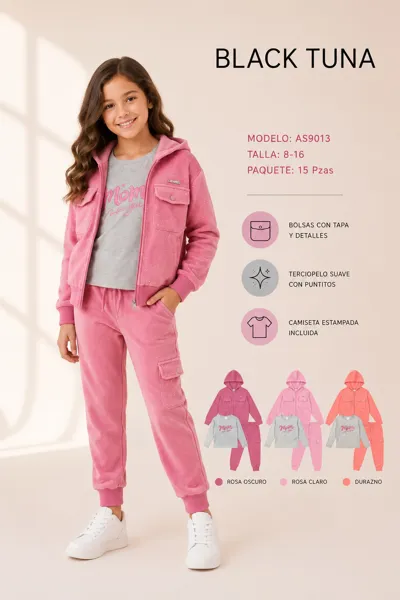 Conjunto de 3 piezas con chamarra de terciopelo, camiseta estampada y jogger para niña
