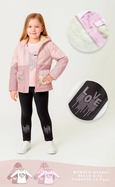 Conjunto de 3 piezas con capucha, playera y leggings con estampado LOVE en pedrería para niña
