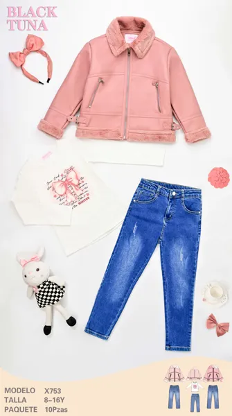 Conjunto de 3 piezas con chaqueta de piel sintética, cuello de peluche, blusa y jeans para niña