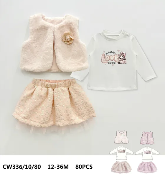 Conjunto de 3 piezas con chaleco de peluche, blusa estampada y falda de tul para niña