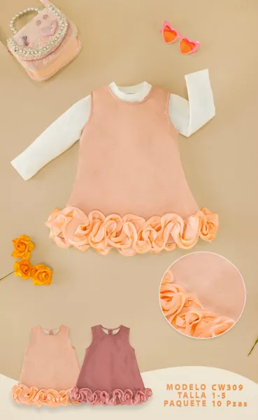 Conjunto de 2 piezas con playera de manga larga y vestido con olán para niña