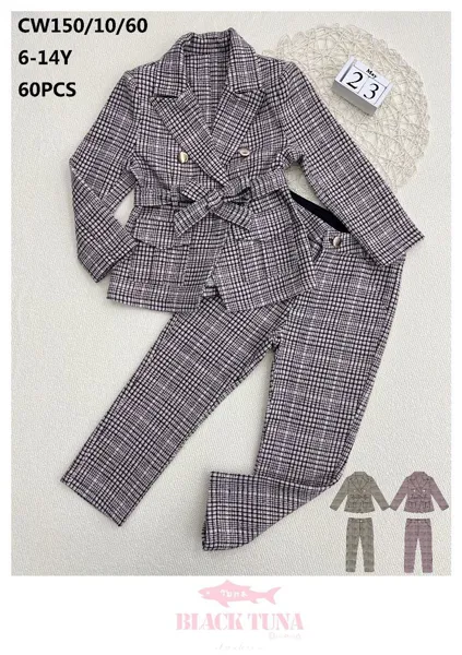 Conjunto de 2 piezas tipo traje con blazer, cinturón y pantalón estampado pata de gallo para niña