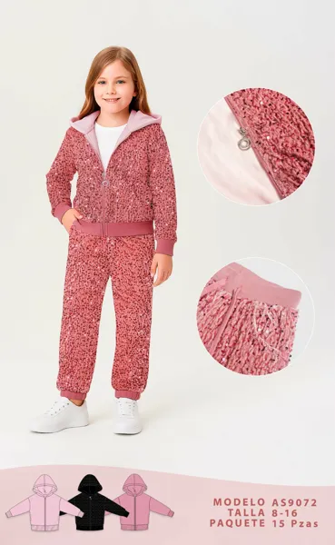 Conjunto de 2 piezas con lentejuelas, sudadera con capucha y pantalón para niña