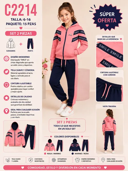 Conjunto deportivo de 2 piezas con sudadera con capucha, cierre y pants para niña