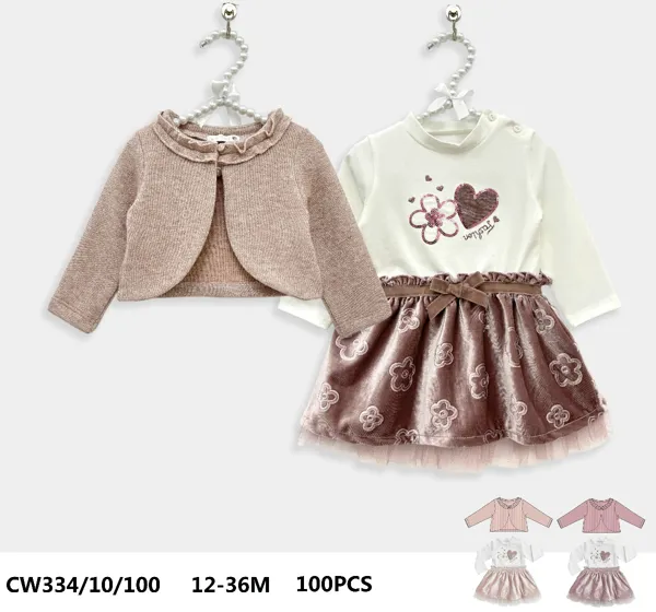 Conjunto de 2 piezas con bolero tejido y vestido de terciopelo con flores y moño para niña