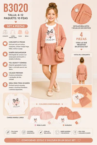 Conjunto de 4 piezas con chaqueta, camisa de manga larga, falda y bolsa para niña