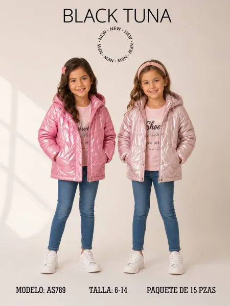 Conjunto de 3 piezas con chamarra acolchada brillante con capucha, playera y jeans para niña