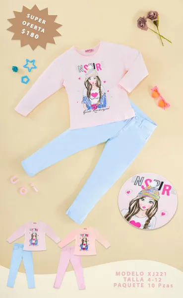Conjunto de 2 piezas con playera de manga larga estampada y pantalón para niña
