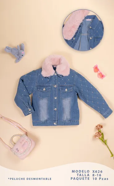 Chaqueta de mezclilla con cuello de peluche desmontable y pedrería para niña