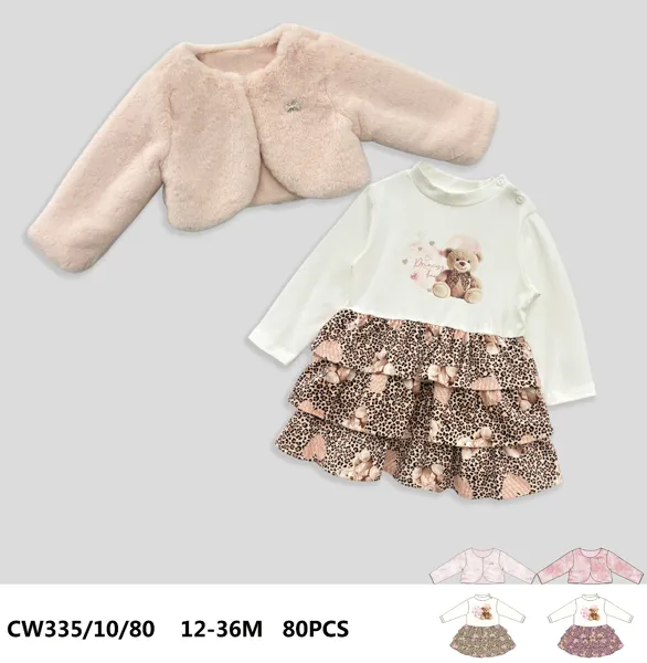 Conjunto de 2 piezas con bolero de peluche y vestido con estampado de osito y leopardo para niña