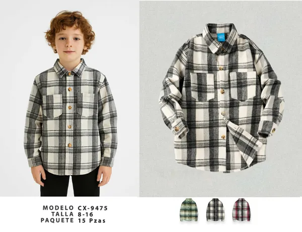 Camisa tipo leñador de franela a cuadros con botones de madera para niño