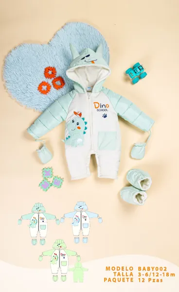 Mameluco acolchado con capucha, mitones y botitas, estampado de dinosaurio para niño