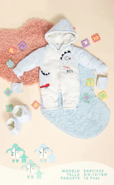 Mameluco acolchado con capucha, mitones y botitas, diseño de dinosaurio para niño
