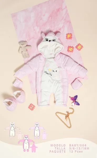 Mameluco acolchado con capucha de orejitas, incluye guantes y botitas para niña