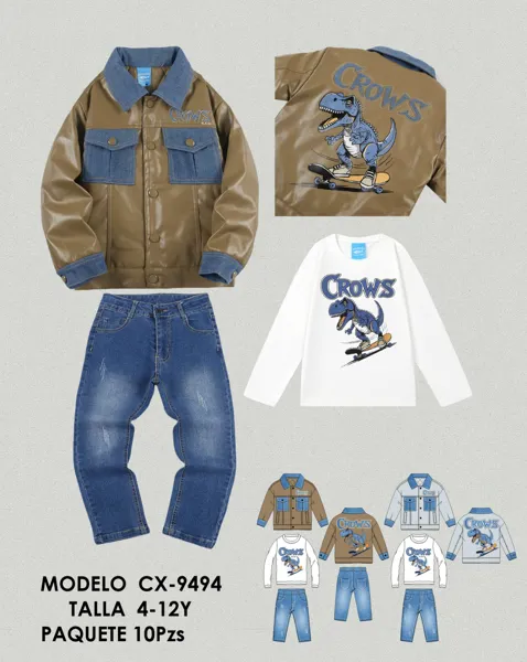 Conjunto de 3 piezas con chamarra de piel sintética, playera y jeans, estampado de dinosaurio para niño